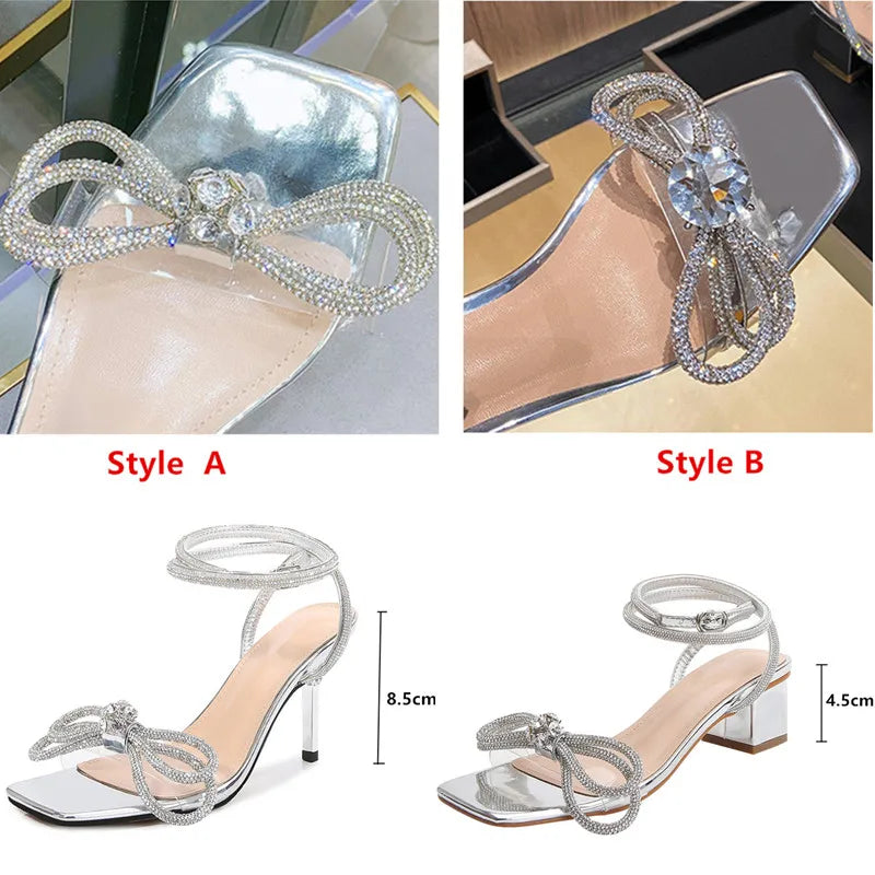 Luxury Rhinestones Bowknot Summer Wedding Shoes High Heels Silver Sandal Party Prom Shoes Rhinestone Women Sandals