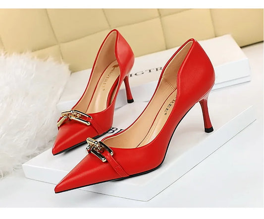 Elegant Women Pumps Metal Button Kitten Heels Women Shoes Stiletto Banquet Shoes Pointed High Heels