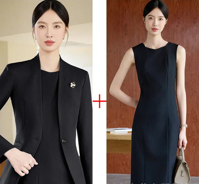 Elegant Professional Suit Dress Two-Piece Set Workwear Beauty Salon Uniform Long Sleeve Formal Outfit Polyester Fiber