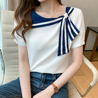 Summer 2026 Women's Short Sleeve T-Shirt Korean Style Slim Fit Casual Cotton Blend Striped/Plaid Loose Fit Neck Design Natalia Home Fashion    Natalia Home Fashion