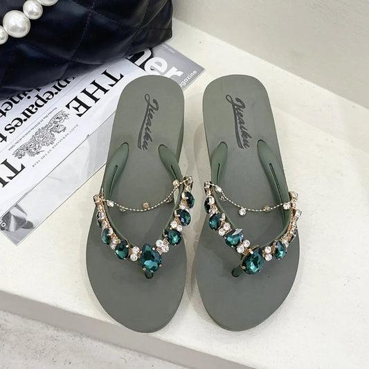 Women Slippers Fashion Summer New Water Diamond Flip Flops Women Outwear Thick Sole Slope Heels Beach Vacation Slippers