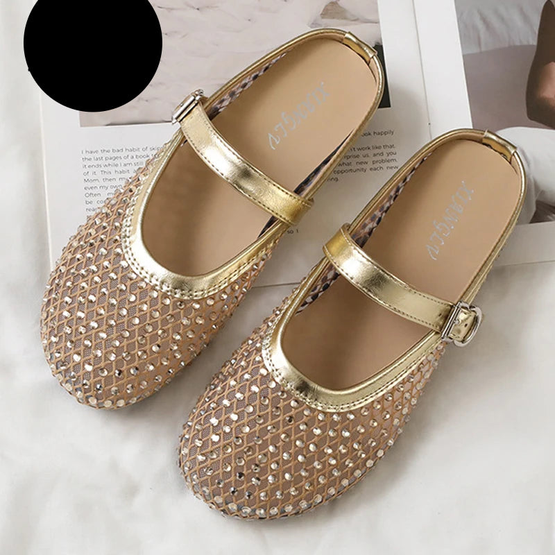 Luxury Shinny Diamond Women Mules Slippers Summer Shoes Crystal Footwear Rhinestones Slip On Brand Mary Jane Sandals Mesh Clogs