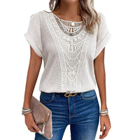 T shirt women 2026 fashion Spring Summer New lace patchwork short-sleeved T-shirt solid color tshirt women's clothing Natalia Home Fashion    Natalia Home Fashion