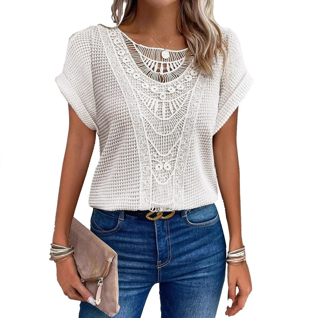 T shirt women 2026 fashion Spring Summer New lace patchwork short-sleeved T-shirt solid color tshirt women's clothing Natalia Home Fashion    Natalia Home Fashion