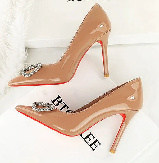 Banquet Pointed High Heels, Shallow Metal Rhinestone Thin Heel Patent Leather High Heels