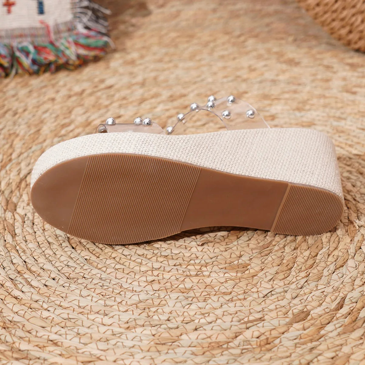 Pearl Decorated Thick Heel Casual Women's Sandals Slip-On round Toe PU Upgraded Comfortable Summer High Heels