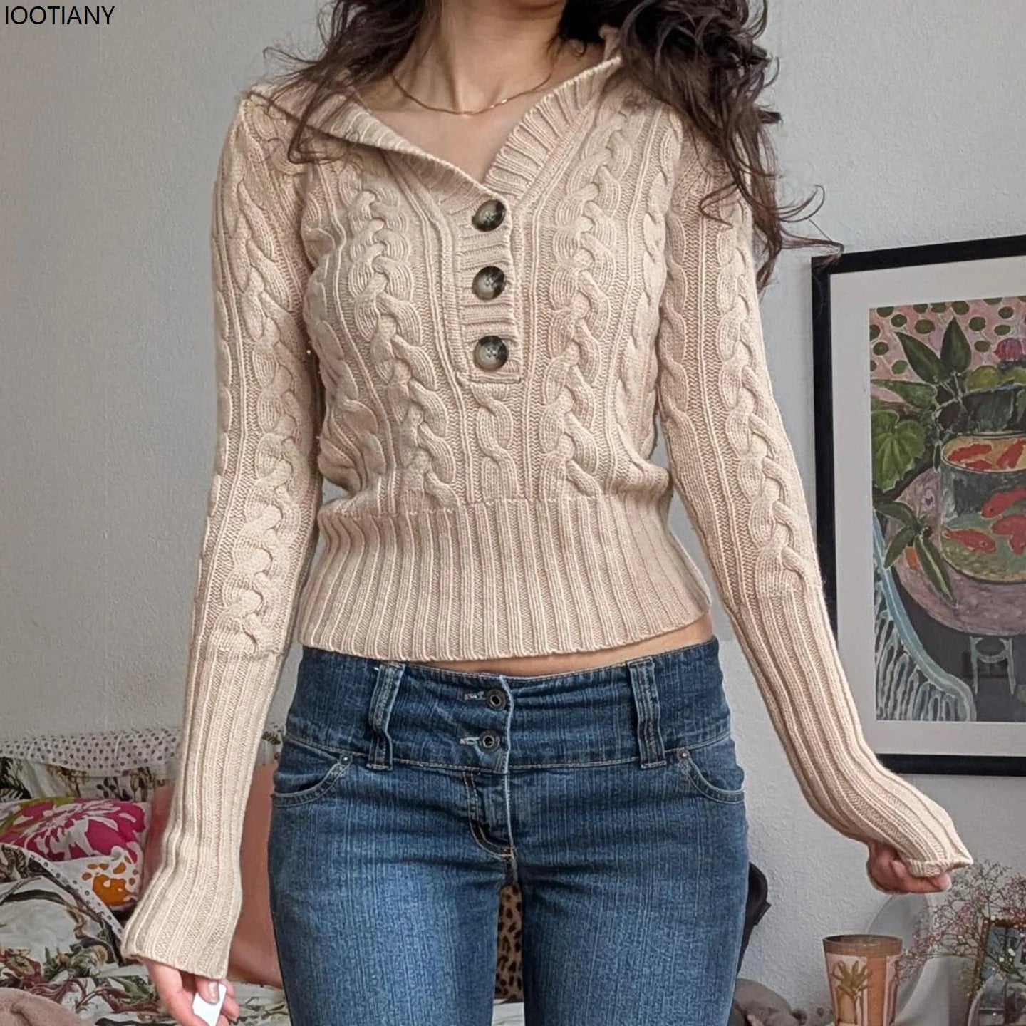 Casual And Relaxed Three-button Hooded Jumper For Women Thickened Knit Cable-knit Vintage Waist-cinching Cardigan