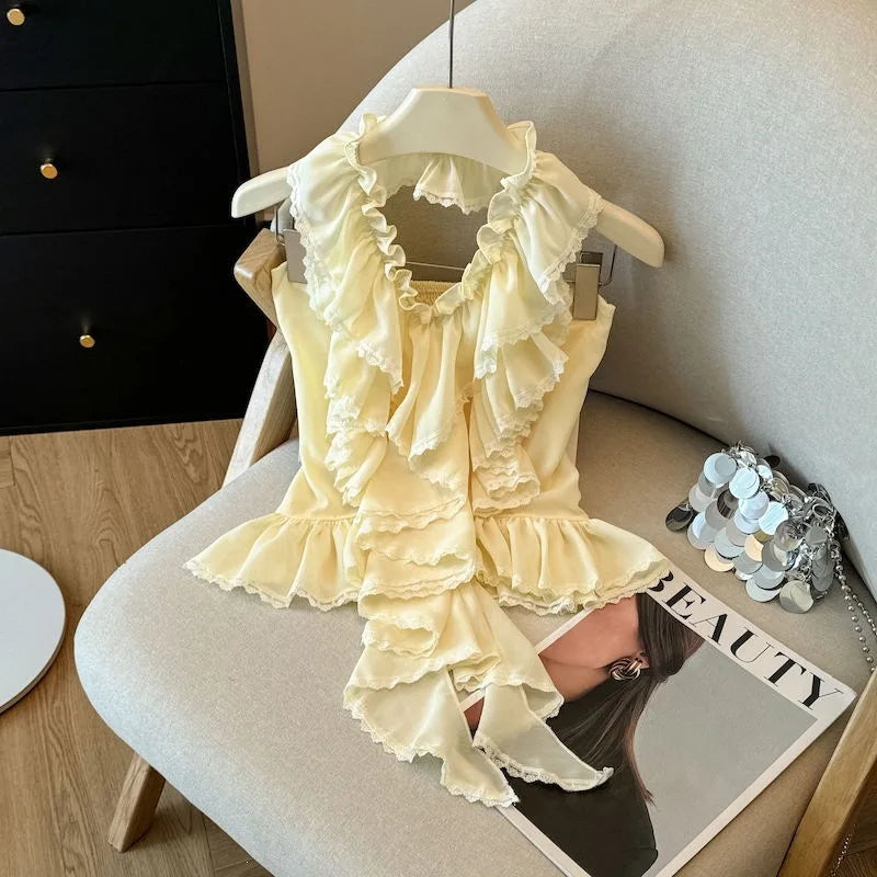 Summer Style Beach Holiday Sweet And Spicy Lace Trim Neck Hanging Chiffon Top Women Light  Round Collar T Shirt