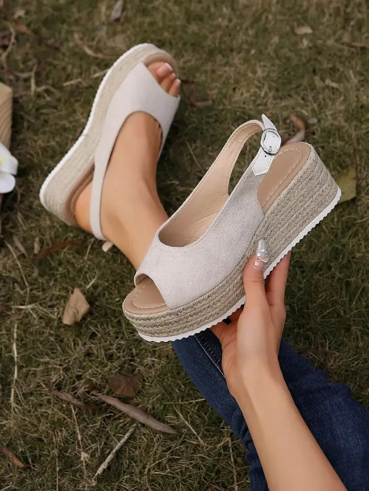 Women's Platform Sandals Summer New Large Size Fish Mouth Slope Heel Stones Pattern Shoes Thick Bottom Clog Casual Slip-On