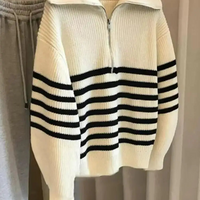 Autumn Winter Ladies Striped Knit Sweater Half Zipper Wide Lapel Collar Loose Long Sleeve Pullover For Casual Daily Going Out Natalia Home Fashion    Natalia Home Fashion