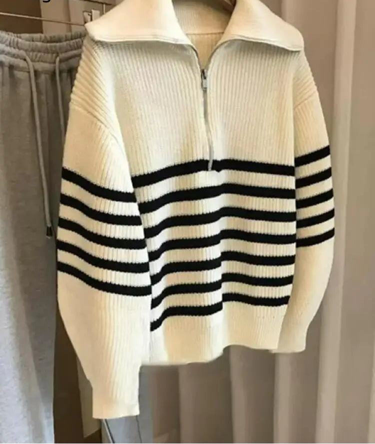 Autumn Winter Ladies Striped Knit Sweater Half Zipper Wide Lapel Collar Loose Long Sleeve Pullover For Casual Daily Going Out Natalia Home Fashion    Natalia Home Fashion