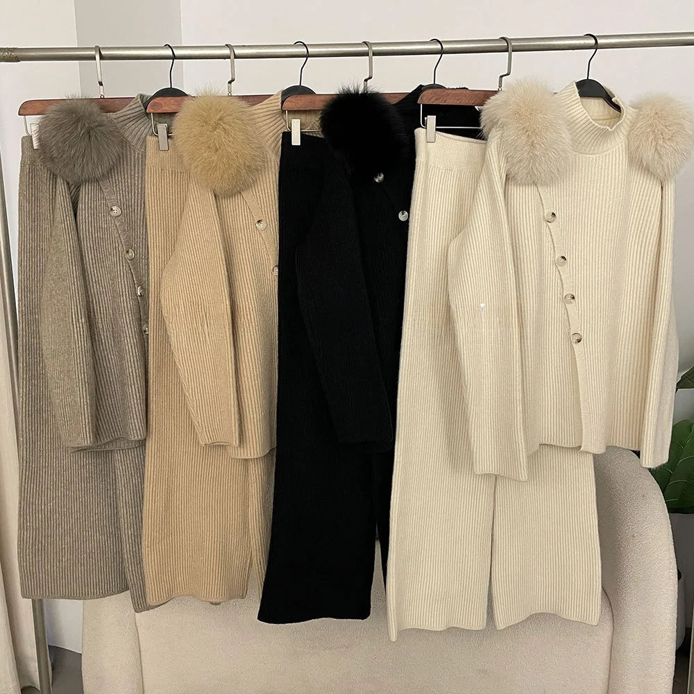 Casual Knitted Half-High Collar Sweater And Pants Set Real Fox Shoulder Patches Spring Autumn New Style Comfortable Lazy Style Natalia Home Fashion    Natalia Home Fashion