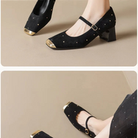 Retro Square Head Mary Jane Shoes Women Comfortable Slip-On High Heels Casual Velvet Upgraded Rubber Sole