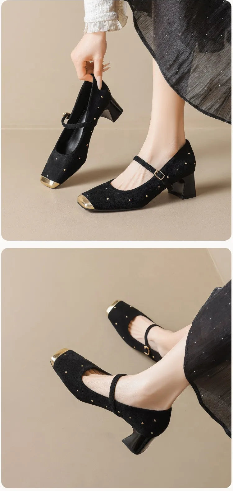 Retro Square Head Mary Jane Shoes Women Comfortable Slip-On High Heels Casual Velvet Upgraded Rubber Sole