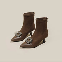 Fashionable Slim Fit Diamond Decorated Pointed Toe High Heel Bootie Mid-Calf Zipper Closure Leather Boot for Women