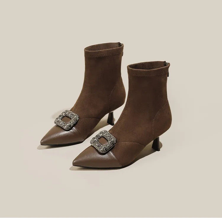 Fashionable Slim Fit Diamond Decorated Pointed Toe High Heel Bootie Mid-Calf Zipper Closure Leather Boot for Women