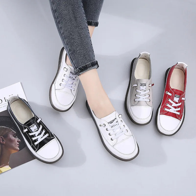 Genuine Leather Vulcanized Shoes Women Jogging Sneakers Woman Lace Up Flat Walking Trainers Fitness Cross-training
