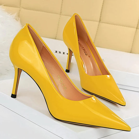 Women High Heels Scar pins Pumps Lady Glossy Leather Fetish Wedding Bridal Mid Low Heels Office Shoes