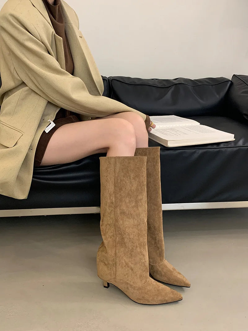 Street Style Pointed Toe Knee-High Boots Women Low Heels Shoes Female Long Booties Women Shoes