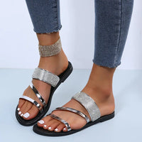 Women's Fashion Patent Leather Flat Heel Sandals Bling Rhinestone Narrow Band Beach Casual Slippers