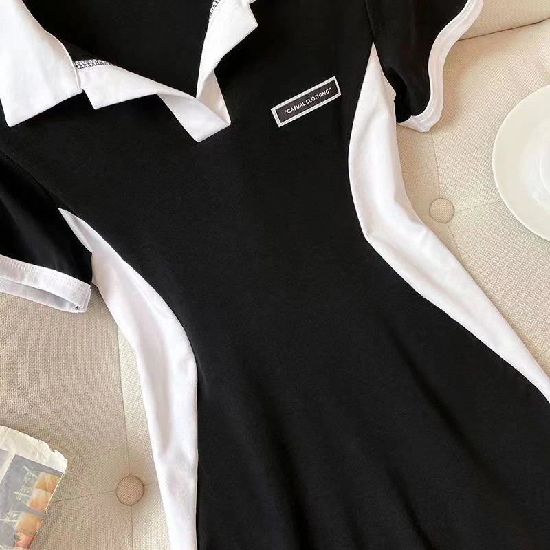 Women Polo Collar Dress Elegant Color block Short Sleeve Bodycon Midi Dress Casual Slim Fit T Shirt Dresses for Women