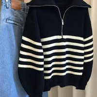 Autumn Winter Ladies Striped Knit Sweater Half Zipper Wide Lapel Collar Loose Long Sleeve Pullover For Casual Daily Going Out Natalia Home Fashion    Natalia Home Fashion