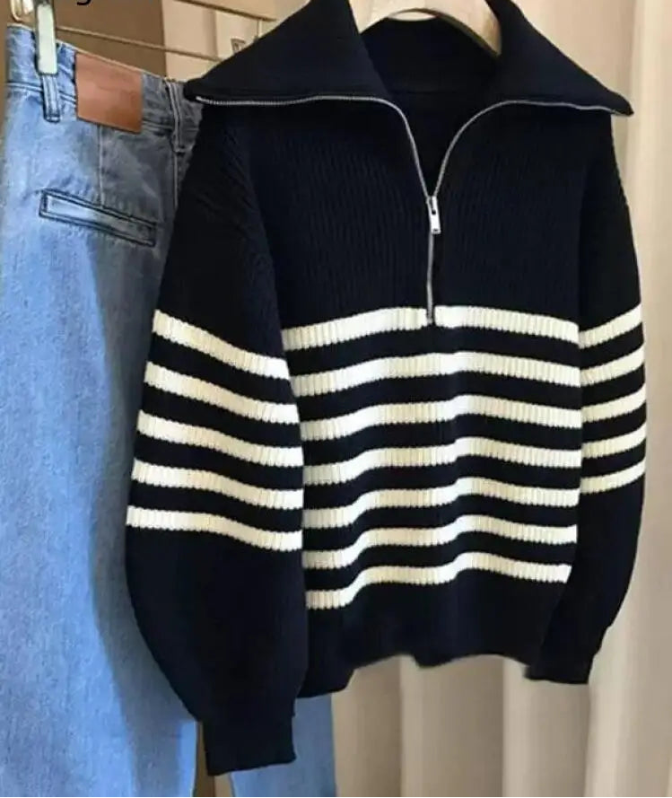 Autumn Winter Ladies Striped Knit Sweater Half Zipper Wide Lapel Collar Loose Long Sleeve Pullover For Casual Daily Going Out Natalia Home Fashion    Natalia Home Fashion