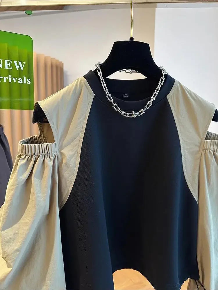 Contrast Color Tops Women Loose Casual Long Sleeve O Neck Off Shoulder Preppy All Match shirts