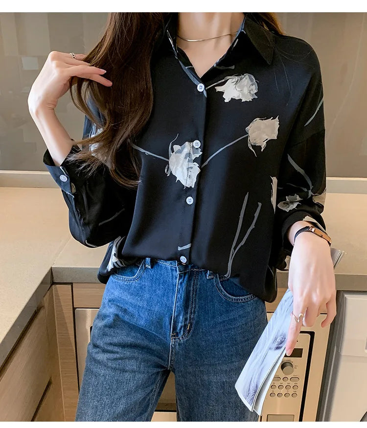 Women's Blouse Long Sleeve Rose Printed Fashionable Chiffon Shirt Long Sleeve Top