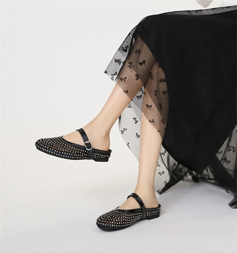 Luxury Shinny Diamond Women Mules Slippers Summer Shoes Crystal Footwear Rhinestones Slip On Brand Mary Jane Sandals Mesh Clogs