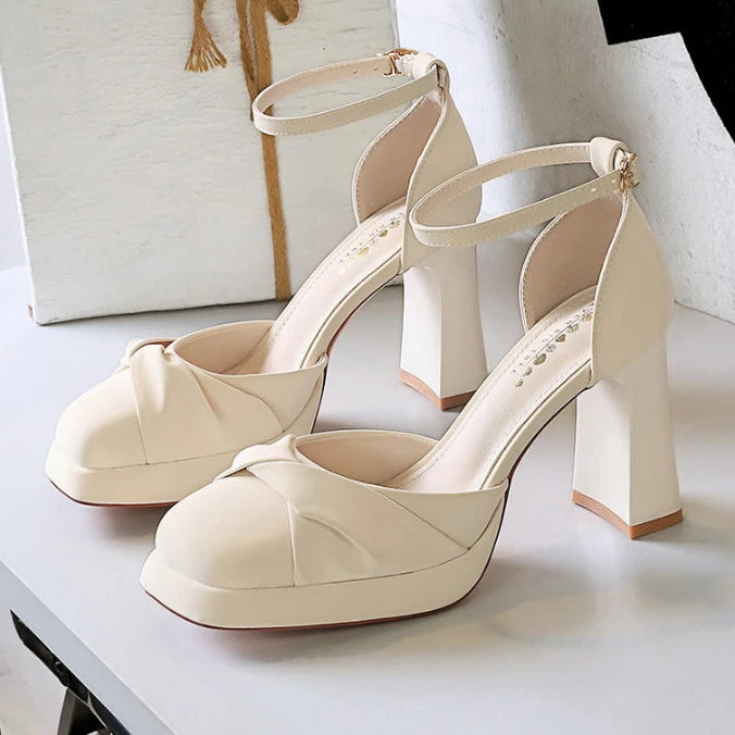 One-Strip Ultra-High Heel Sandals Platform Thick Heel Bow Women Shoes Square Toe Shallow Mouth Hollow Shoes