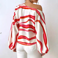 Elegant Printed Sleeve Shirt Independent Station Cross-Border Women's Long Sleeve One-Shoulder Loose Top Commute Style