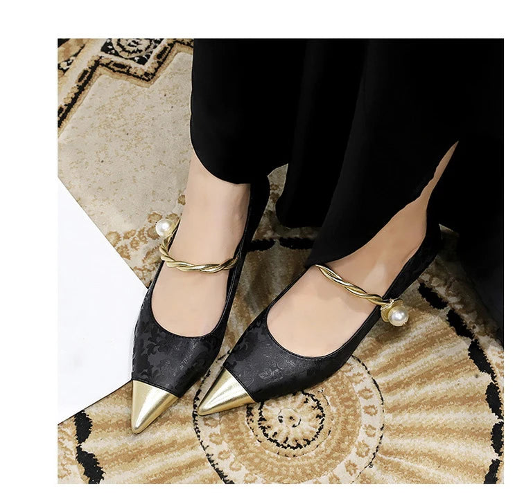 Metal Decoration Buckle Strap Women's Low Thin Heels Pumps Pointed Toe Wedding Party Shoes