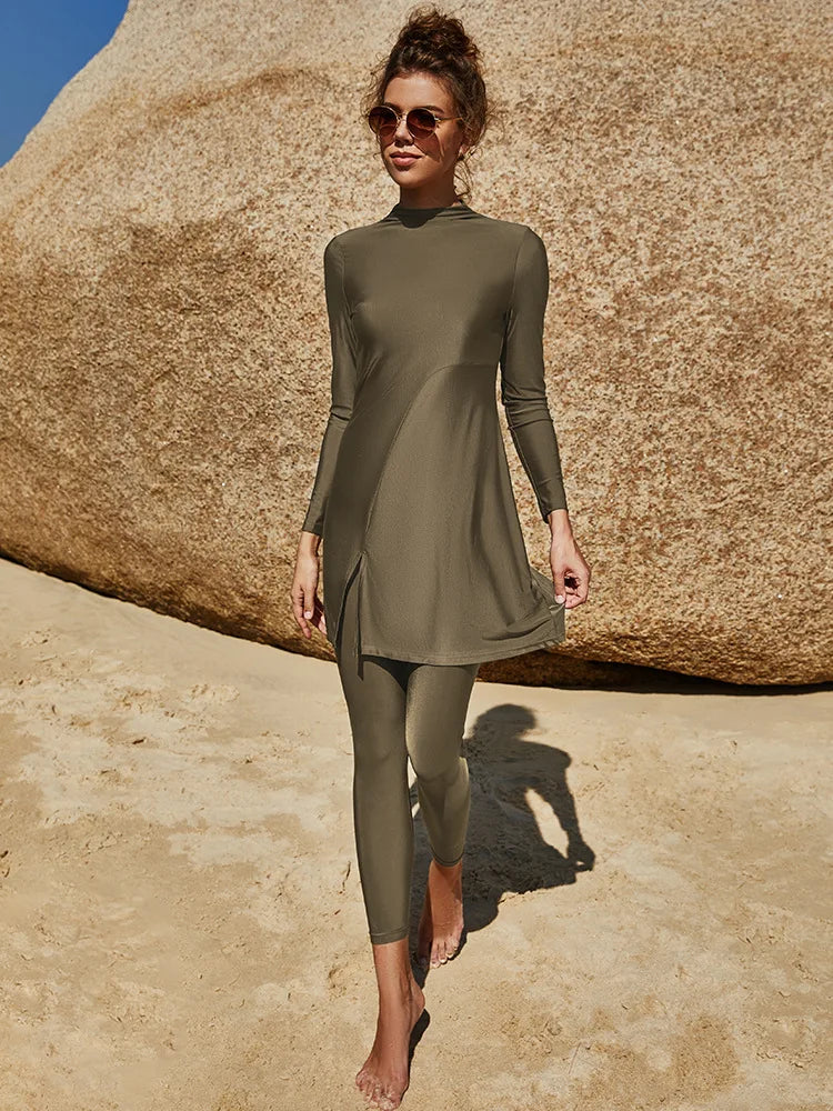Arab Swimsuit Two-piece Conservative Beach Surfing Sun Protection Swimsuit Muslim Solid Color Long Sleeved Pants Full Wrap Swims