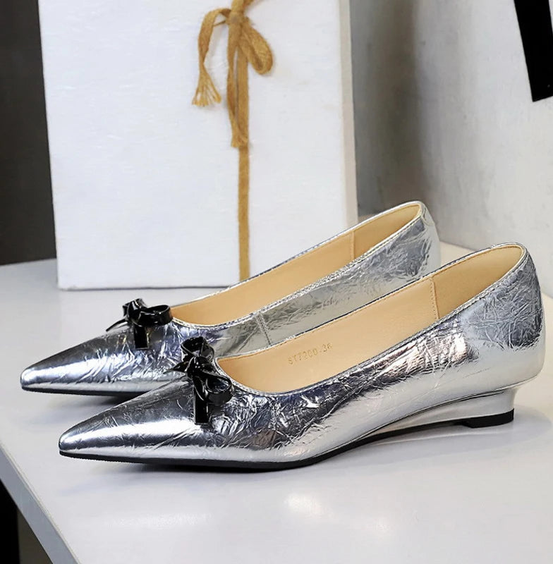 Butterfly-knot Pumps Pointed Toe Woman Wedges Heels Elegant Ladies Shoes