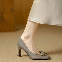 Basic Shallow Square Toe Women Pumps High Quality PU Leather Matte Thick Heel Office Shoes Woman Maroon 7CM High Heels