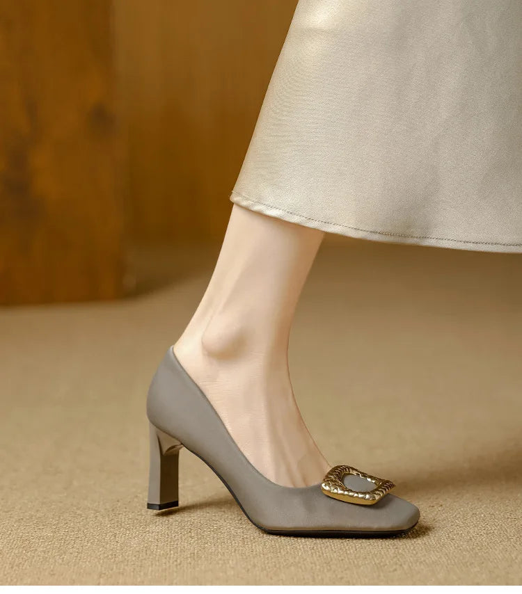 Basic Shallow Square Toe Women Pumps High Quality PU Leather Matte Thick Heel Office Shoes Woman Maroon 7CM High Heels
