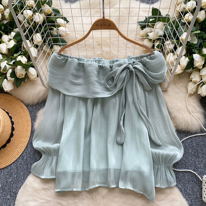 Blouses Design Sense Niche Chic Off Shoulder Shirt Women's French Gentle Style Loose Versatile Western-style Flowing Mesh Top