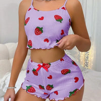 Cute Pajamas For Women Strawberry Print PJ Set Crop Cami Tops And Shorts Set 2 Piece Lounge Sets