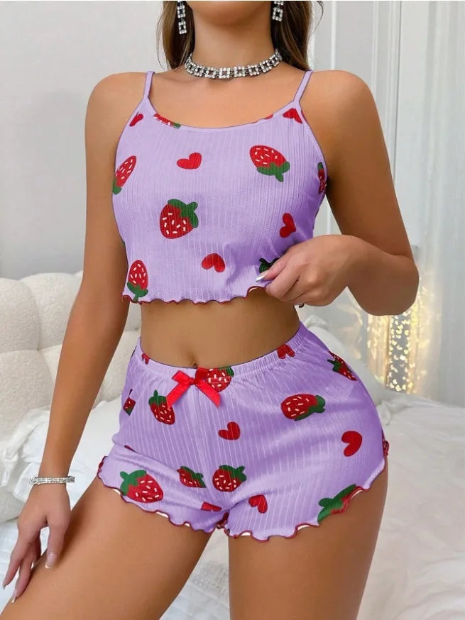 Cute Pajamas For Women Strawberry Print PJ Set Crop Cami Tops And Shorts Set 2 Piece Lounge Sets