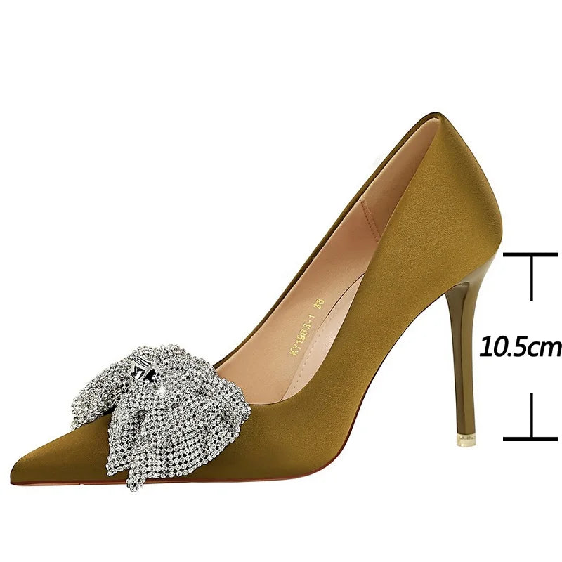 Luxury Women Pumps Rhinestone Butterfly High Heels 10.5 CM Stilettos Silks Satins Women Heels Fashion wedding shoes Plus size 43