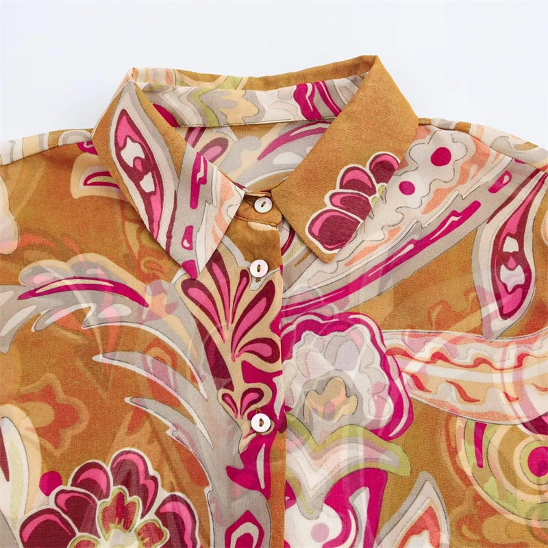 Spring New Ethnic style Flower Print Chiffon Shirt Single Breasted Tiered Ruffles Women's Sheer Top Thin Blouse