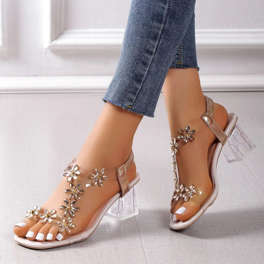 Women Sandals PVC Crystal Flower Shoes for Women Decoration Chunky Heel Sandals Ladies Back Strap Fashion Shoes - Natalia Home Fashion