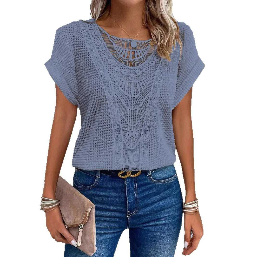 T shirt women 2026 fashion Spring Summer New lace patchwork short-sleeved T-shirt solid color tshirt women's clothing Natalia Home Fashion    Natalia Home Fashion