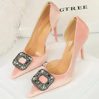 Women 10.5cm Super High Heels Pointed Toe Side Hollow Work Pumps Metal Crystal Buckle Velvet Stiletto Fashion Banquet Lady Shoes