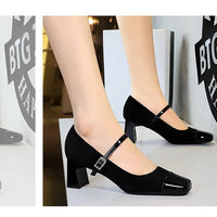 Leopard Print Women Pumps Suede Middle Heel Shoes Sexy Mary Jane Shoes Rhinestone Buckle Ladies Shoe Square Head