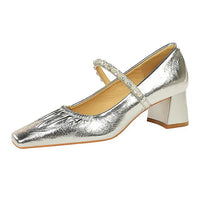 Heels Women Fashion CRYSTAL Pearl Pumps Square Toe Stripper Elegant Party Square Heel Ladies Shoes