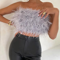 Solid Puffy Fuax Fur Strapless Crop Tops Women Fashion Sexy Furry Chest Wrapped Backless Tube Party Clubwear Vests Streetwear