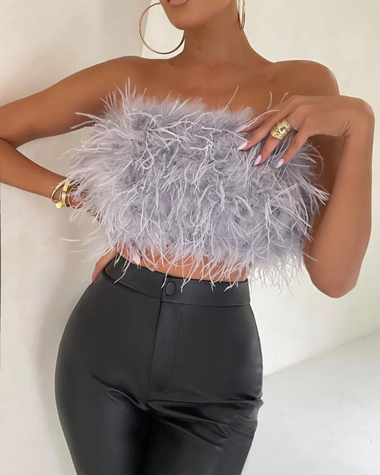 Solid Puffy Fuax Fur Strapless Crop Tops Women Fashion Sexy Furry Chest Wrapped Backless Tube Party Clubwear Vests Streetwear