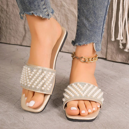 Small Fragrant style flat bottomed plus size slippers for women square headed rhinestone pearl fashionable casual slippers - Natalia Home Fashion